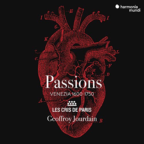 Red anatomical heart illustration with text: "Passions," "Venezia 1600-1750," and artist names.