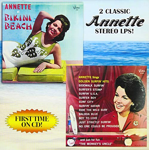 CD cover featuring Annette Funicello on beach scenes from two albums.