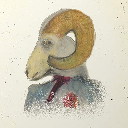 Painted portrait of a ram wearing a suit and red tie.