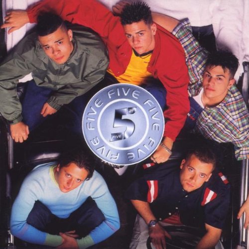 Five band members posed around a circular logo with the number five.