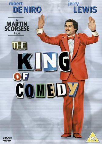 Robert De Niro in a red suit with hands raised on The King of Comedy cover.