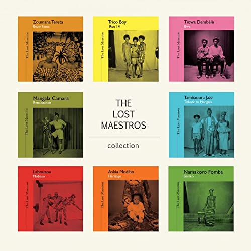 Nine square vinyl album covers featuring vintage portraits of musicians.