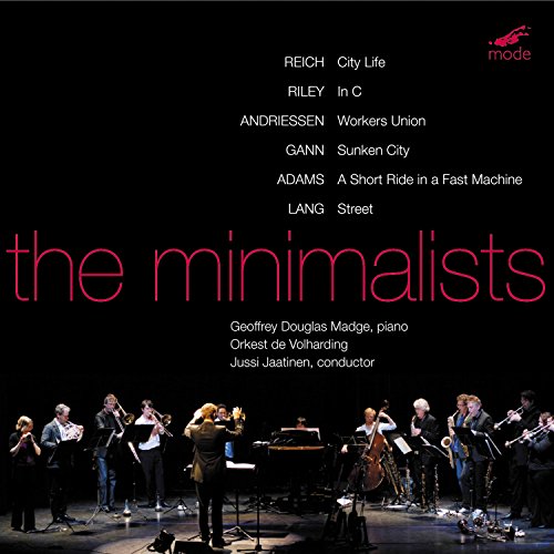 CD cover: orchestra performing on stage, text “the minimalists” in pink.