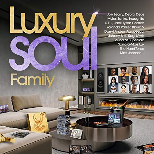 CD cover for “Luxury Soul Family 2021” with living room scene and artist names.