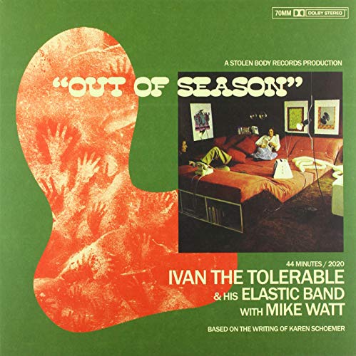 Green vinyl record cover with orange head and living room scene.