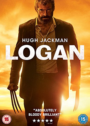Hugh Jackman as Logan with metal claws extended against a golden sunset background.