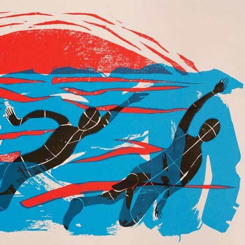 Silhouettes of two figures swimming in red and blue water.