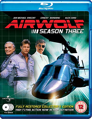 Airwolf Season Three Blu-ray cover featuring cast and helicopter.