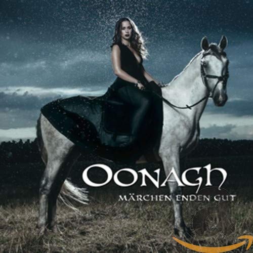 Woman on a white horse against a stormy, dark blue sky.