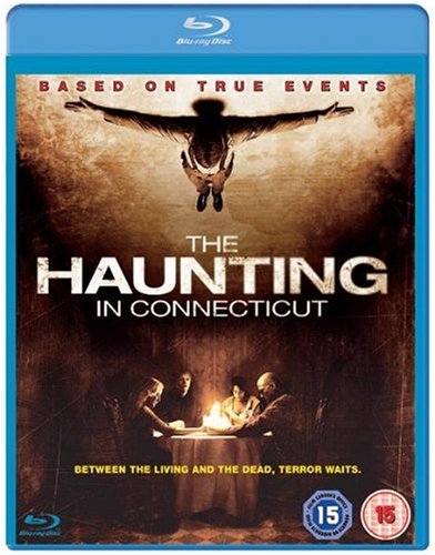 The Haunting in Connecticut" Blu-ray cover with a ghostly figure and family.