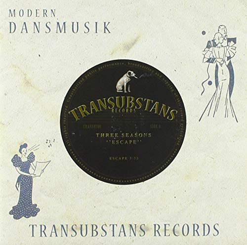 Vinyl record label with illustrated figures and āThree Seasons - Escapeā text.