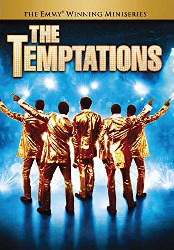 DVD cover for "The Temptations" featuring a group of men in gold suits.