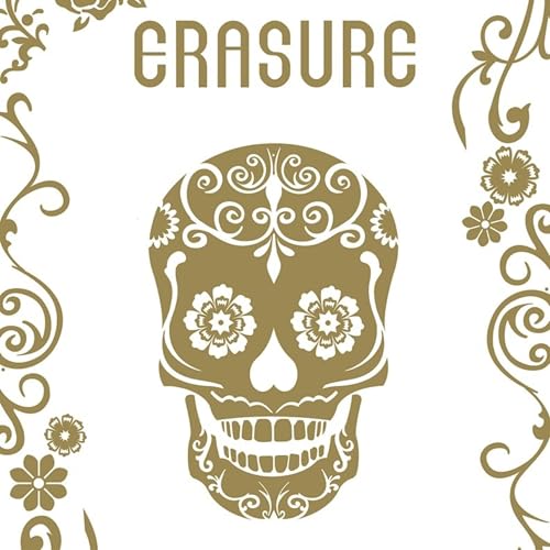 Gold skull with floral details on a white background, text “ERASURE”.