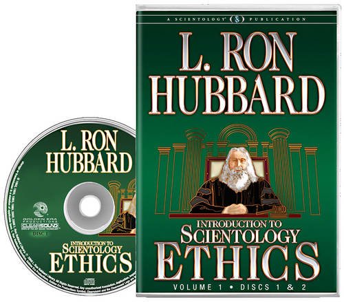 CD case and disc featuring L. Ron Hubbard, title "Introduction to Scientology Ethics".