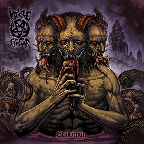 Dark fantasy album cover featuring a three-headed demon and struggling figures.