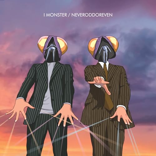 Album cover: two suited figures with insect-like heads against a sunset.