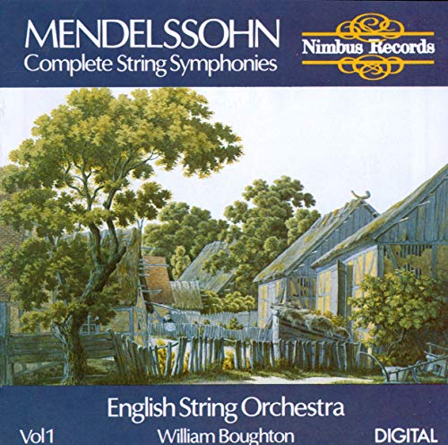 CD cover: Mendelssohn string symphonies, featuring a pastoral landscape painting.