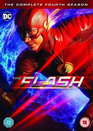 The Flash in his red suit against a blue lightning background, DVD cover art.