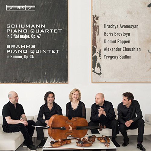 CD cover featuring six musicians and abstract artwork, Schumann and Brahms quartets.
