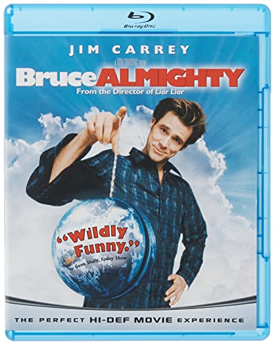 Bruce Almighty" Blu-ray cover featuring Jim Carrey holding a miniature Earth.