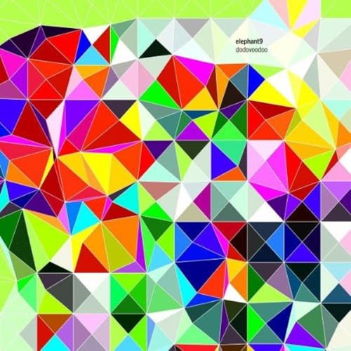 Geometric elephant head in vibrant, fractured colors on a light green background.