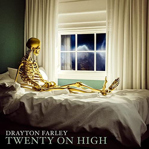 Golden skeleton reclining on a bed, looking out a window.