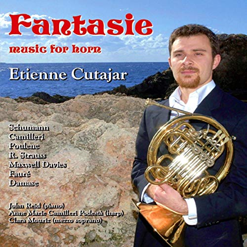 CD cover: Etienne Cutajar with a French horn, seascape background.