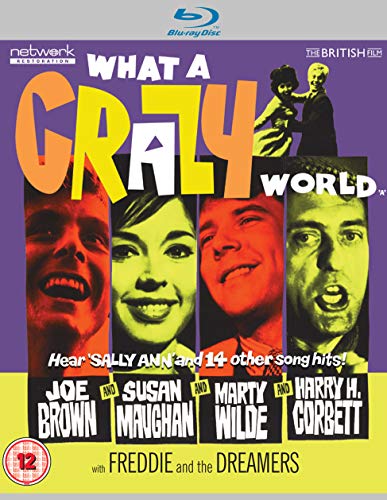 Blu-ray cover for What A Crazy World featuring four actors' faces in colorful panels.