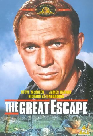 Steve McQueen’s face on “The Great Escape” DVD cover, wartime setting.