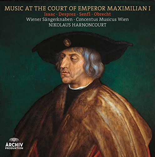 Portrait of Emperor Maximilian I on vinyl album cover, dark green background.
