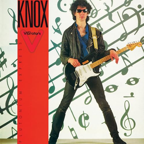 Album cover: Knox, guitarist with musical notes background, red stripe.