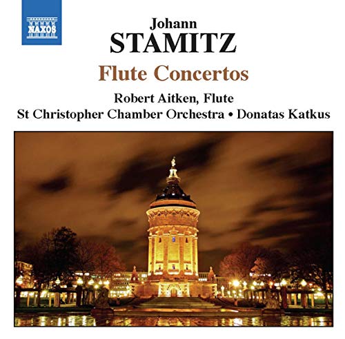 CD cover for Stamitz Flute Concertos featuring a lit tower at dusk.
