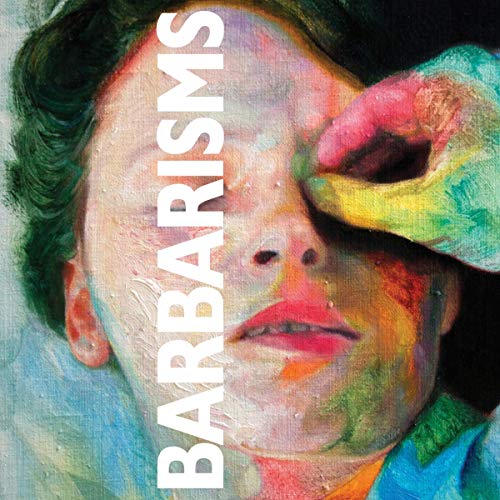 Colorful oil painting of a face with a hand covering one eye.