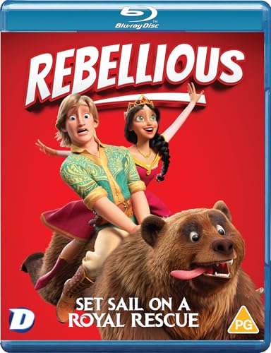 A man and a princess riding a large brown bear on a red background.