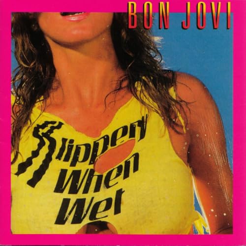 Bon Jovi's "Slippery When Wet" album cover with a wet, smiling person.