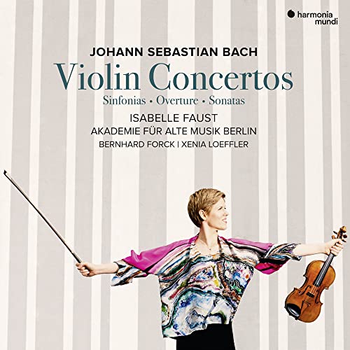 CD cover: violinist Isabelle Faust with violin, against striped background.
