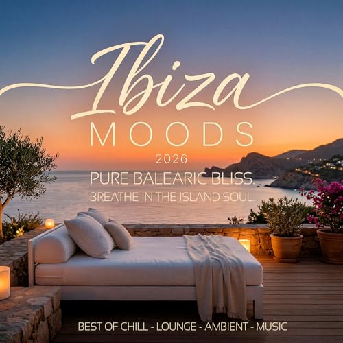 CD cover for “Ibiza Moods 2026” with coastal sunset view.