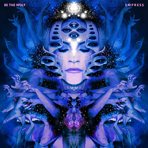 Surreal blue image of a woman with multiple eyes and hands.