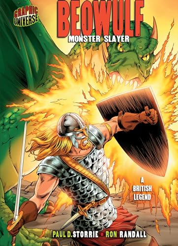 Beowulf with sword and shield faces a green dragon in flames.