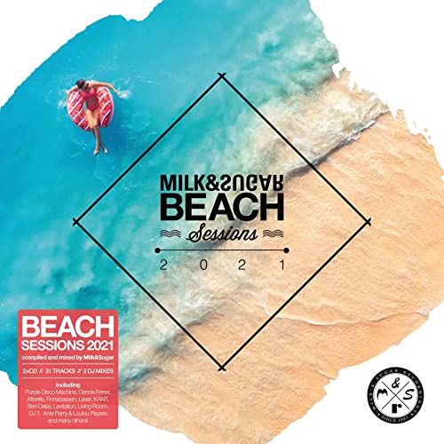 CD cover: beach scene with a swimmer, geometric design, and text "Milk & Sugar Beach Sessions 2021".