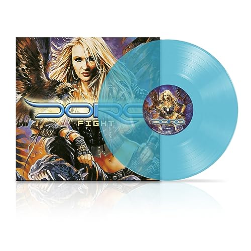 Doro “Fight” vinyl record, transparent blue, with album artwork visible.