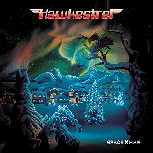CD cover: Hawkestrel’s “Spacexmas” depicts a snowy village and hawk in aurora.