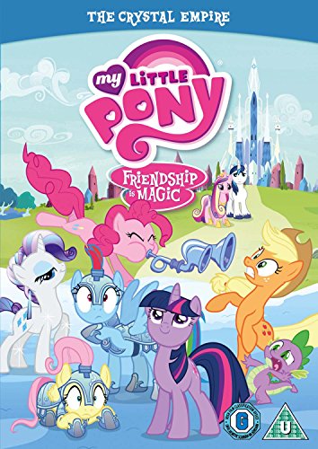 My Little Pony characters in front of a crystal castle on DVD cover.