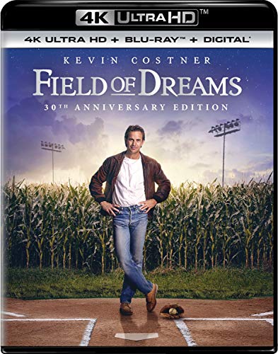 Field of Dreams" 30th Anniversary Blu-ray cover featuring Kevin Costner in a cornfield.