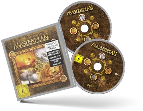 Masterplan album cover with two CDs and a DVD, ornate design.