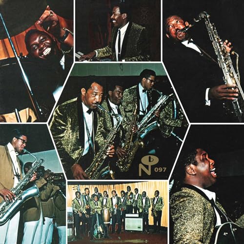 Collage of vintage photos showing musicians in gold jackets playing saxophones and other instruments.