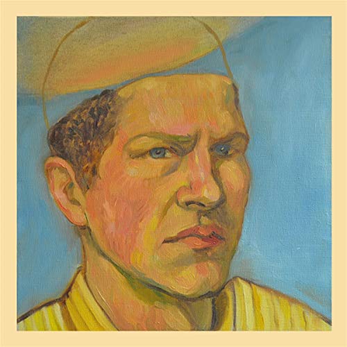 Painted portrait of a man with a yellow halo and blue background.