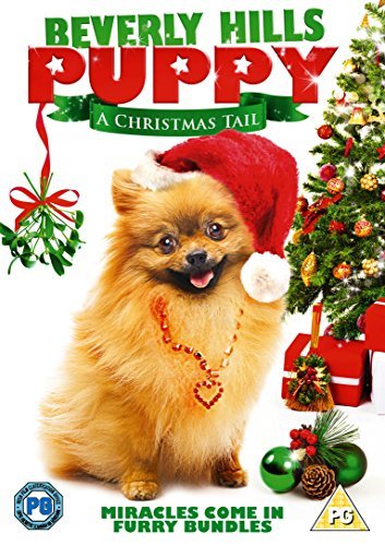 DVD cover for "Beverly Hills Puppy" featuring a fluffy dog in Santa hat.