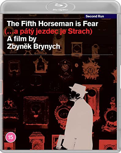 Blu-ray cover for "The Fifth Horseman is Fear" with a man and clocks.