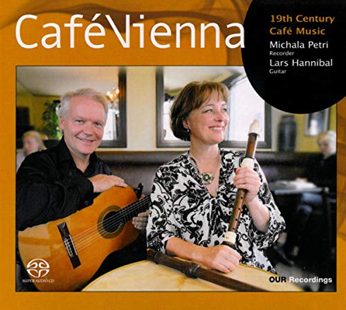 CD cover featuring two musicians with a guitar and recorder, café background.